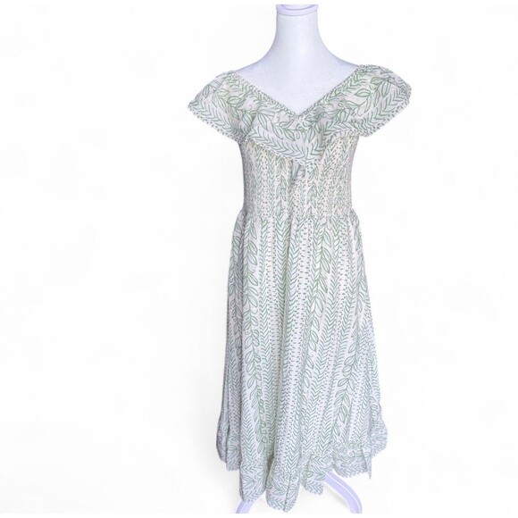 Sail to Sable x Palm Beach Lately Pistachio Leaf Midi Dress Smocked Bodice‎ Sz M - Picture 3 of 16